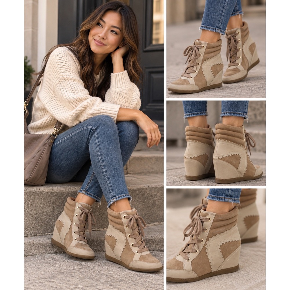 Madison Harding Wedge Sneakers Womens 8.5 Tan Suede Leather Scalloped Excellent
